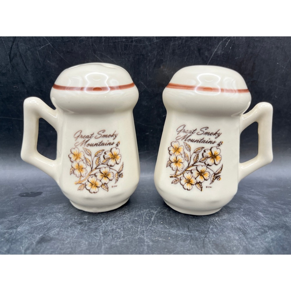 Vtg Ceramic Great Smoky Mountain Floral Salt & Pepper Shakers 2.75" Floral Retro